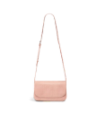 A light pink textured shoulder bag with an adjustable strap, displayed against a plain white background.