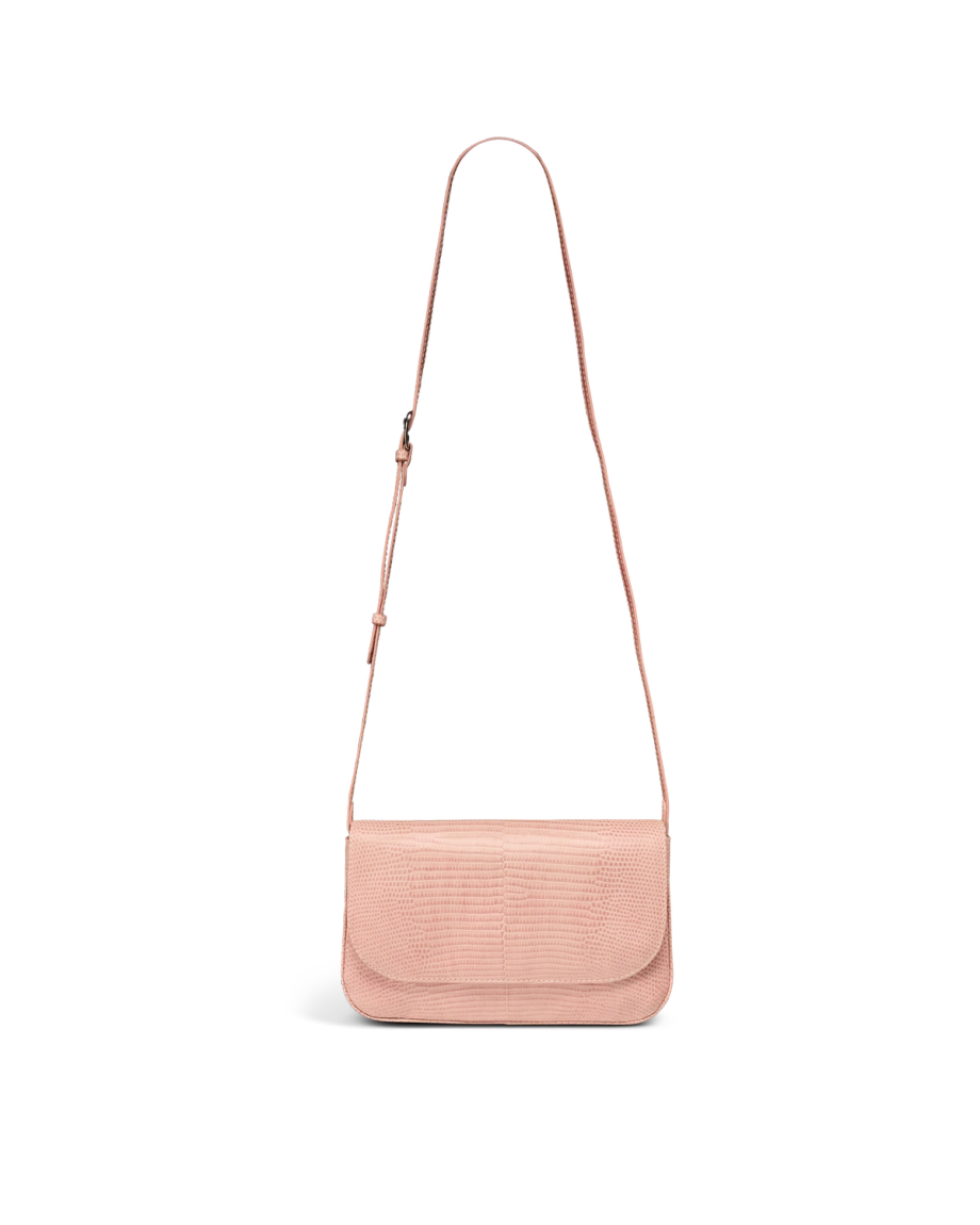 A light pink textured shoulder bag with an adjustable strap, displayed against a plain white background.