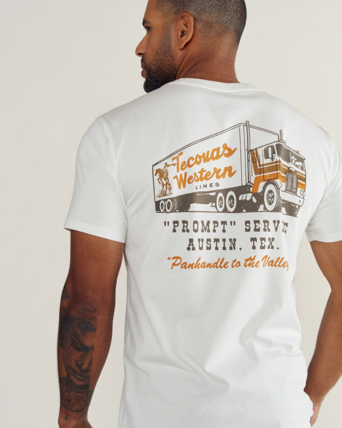 Back view of Men's Tecovas Western Lines Tee - Bone / Multi on model