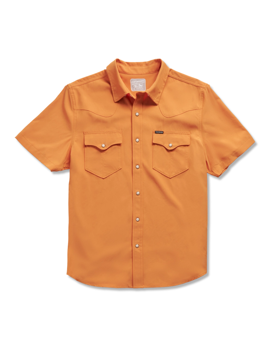 Closeup detail view of Men's Performance Western Pearl Snap SS - Burnt Orange