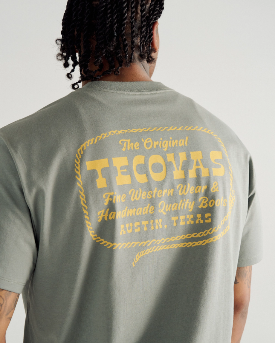 Back view of Men's Original Tecovas Rope Tee - Cactus / Yellow on model