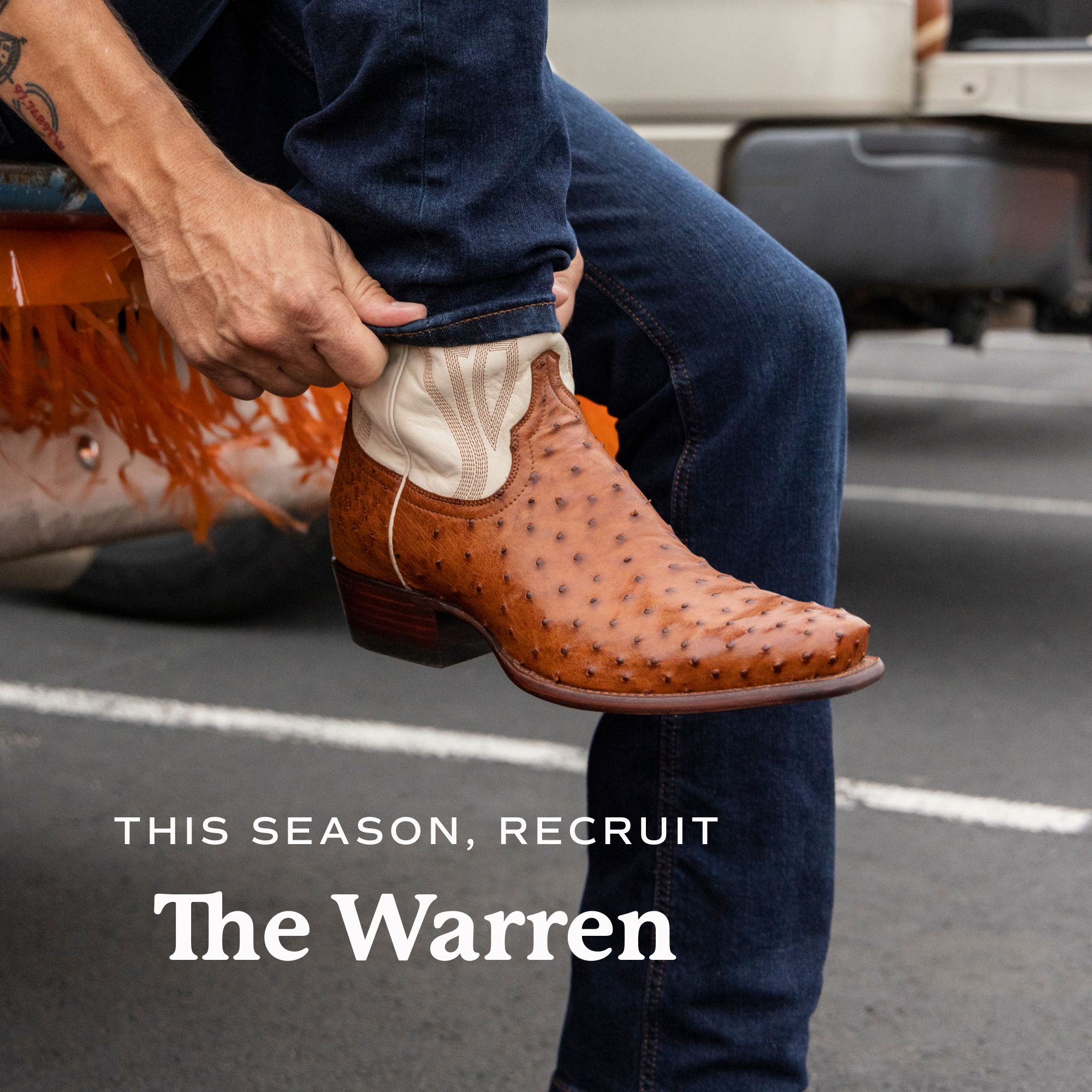 A person in jeans putting on a brown cowboy boot with "This Season, Recruit The Warren" text over the image.