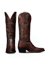 A pair of brown leather cowboy boots with embossed patterns, pointed toes, and angled heels, shown from the front and side views.