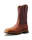 A brown leather cowboy boot with a pull-on design, featuring a decorative stitched pattern on the upper part and a sturdy sole.