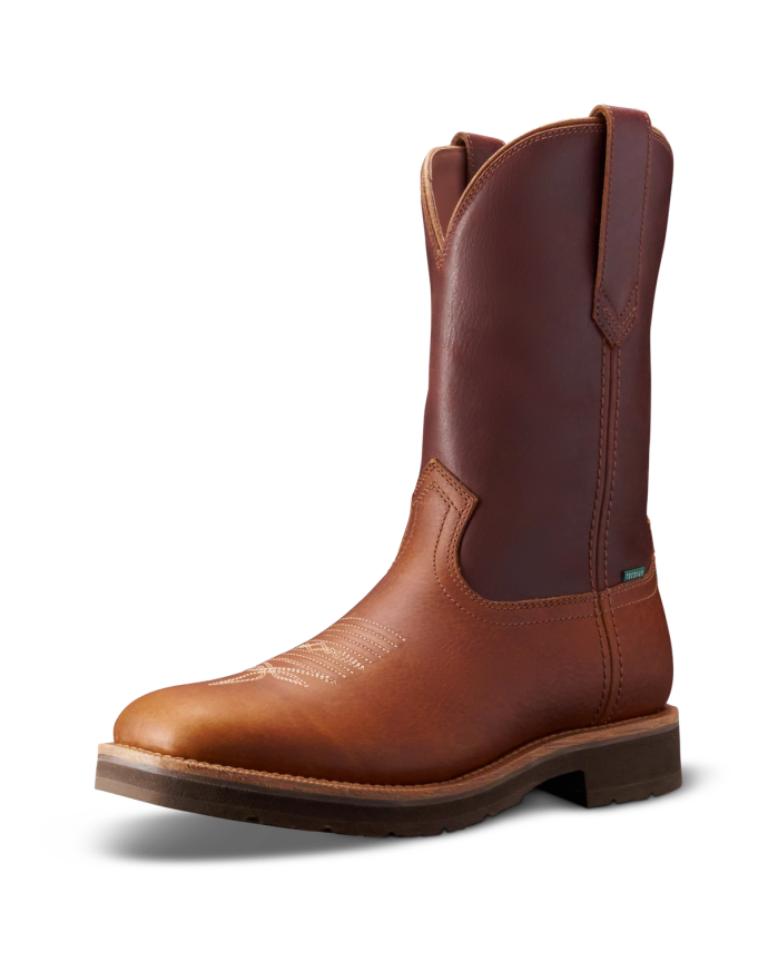 A brown leather cowboy boot with a pull-on design, featuring a decorative stitched pattern on the upper part and a sturdy sole.