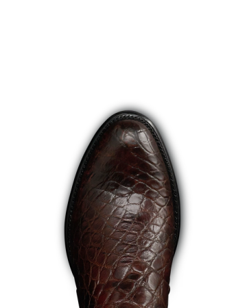 Toe view of Birthday Boot X - Dark Pecan Alligator on plain background