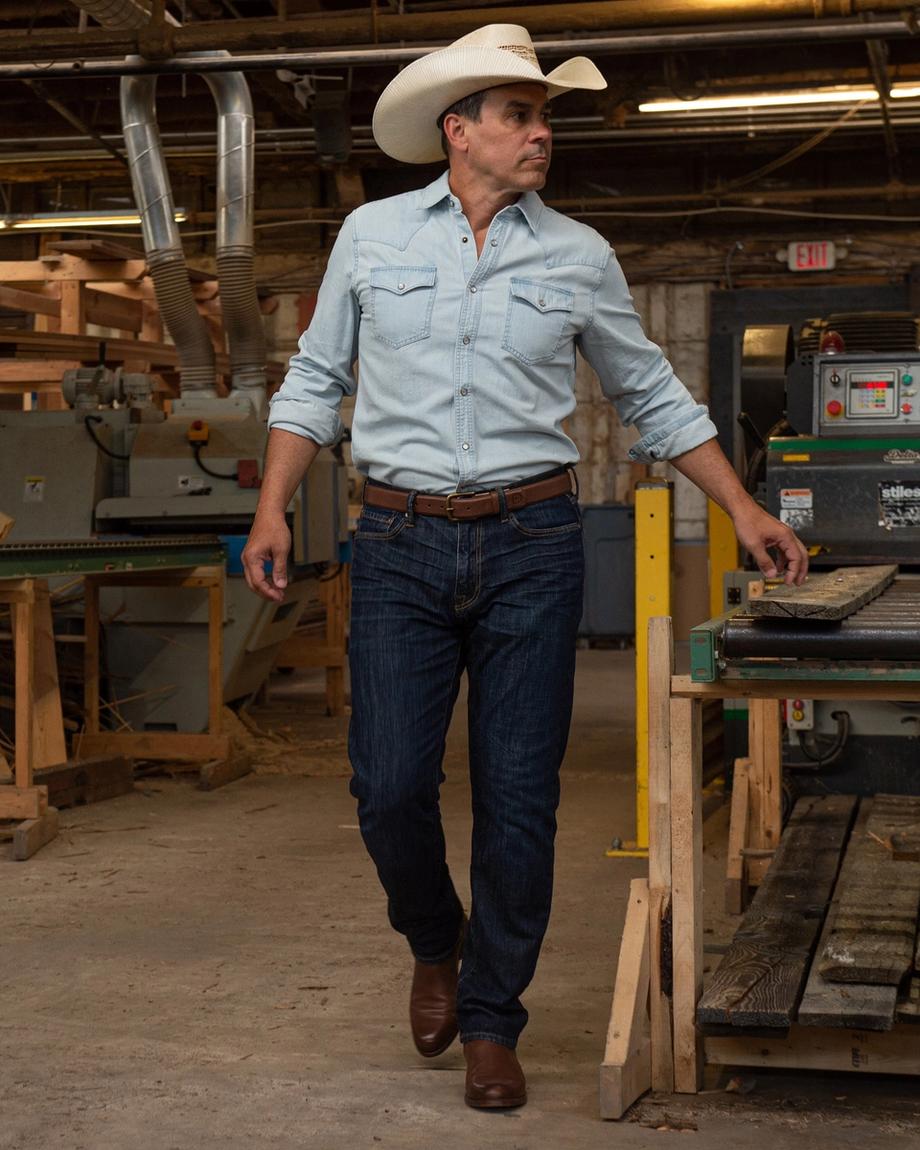 Man wearing Chance Chesnut Brown cowboy boots in a workshop