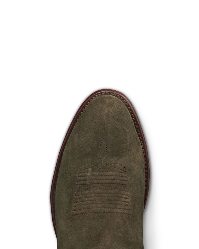 Toe view of The Johnny - Olive Deerskin Roughout on plain background