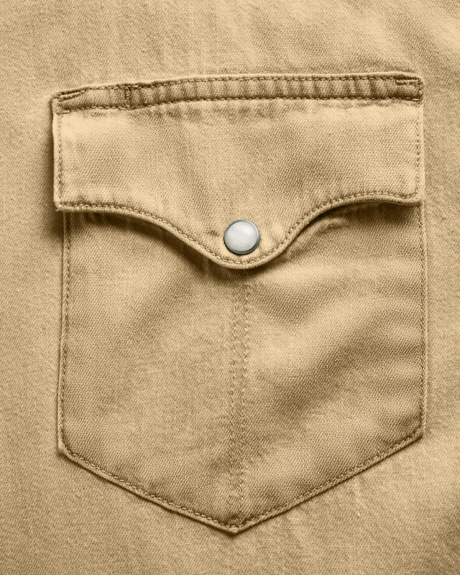 Closeup detail view of Men's Denim Long Sleeve Pearl Snap - Coriander