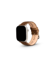 A smartwatch with a silver case and a brown leather textured strap, displayed on a plain white background.