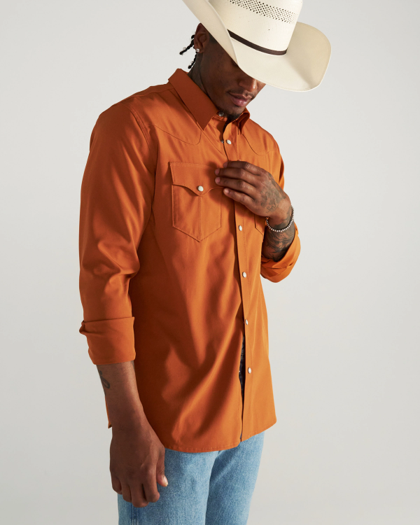 Closeup detail view of Men's Performance Western Pearl Snap - Burnt Orange
