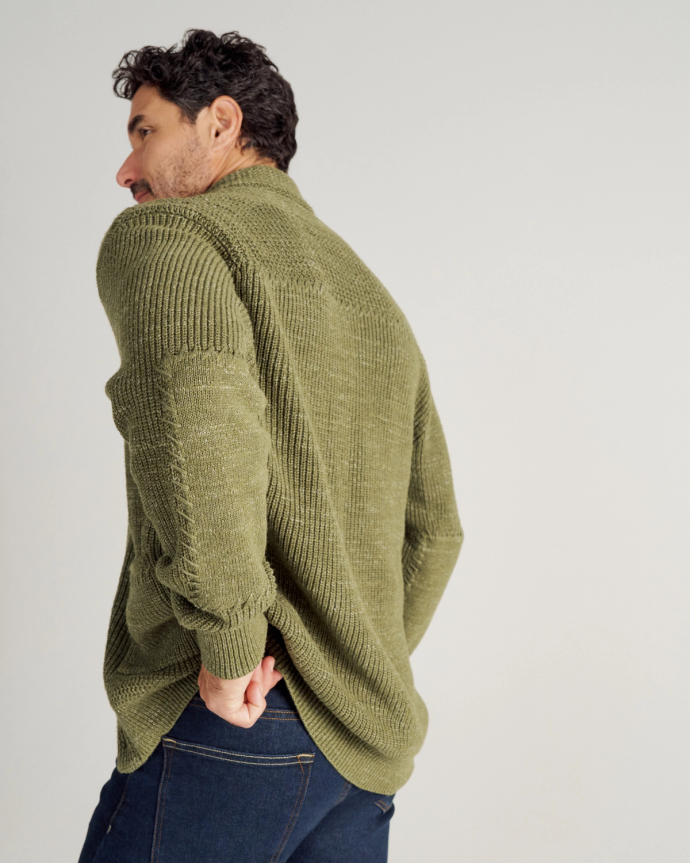 Closeup detail view of Men's Shawl Collar Cardigan Sweater - Olive