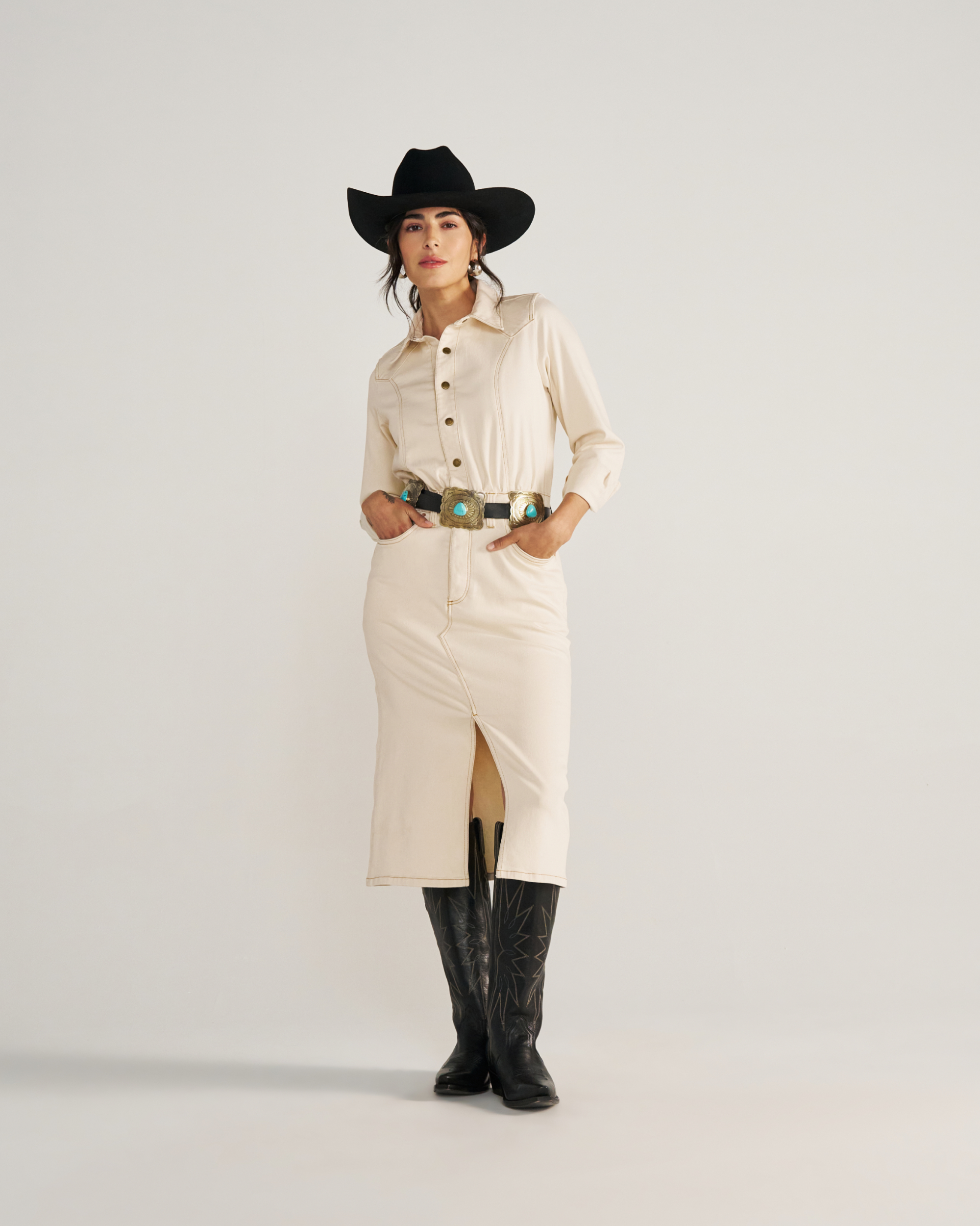 Closeup detail view of Women's L/S Natural Denim Midi Dress - Natural