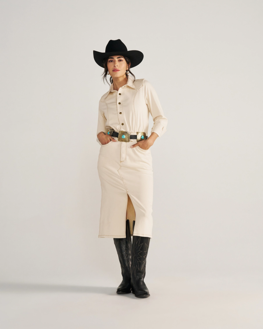 Closeup detail view of Women's L/S Natural Denim Midi Dress - Natural