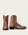 Pair of ankle-high cowboy boots with a brown leather upper and faux snakeskin pattern on the lower half, shown side by side, one facing forward, one from the side.