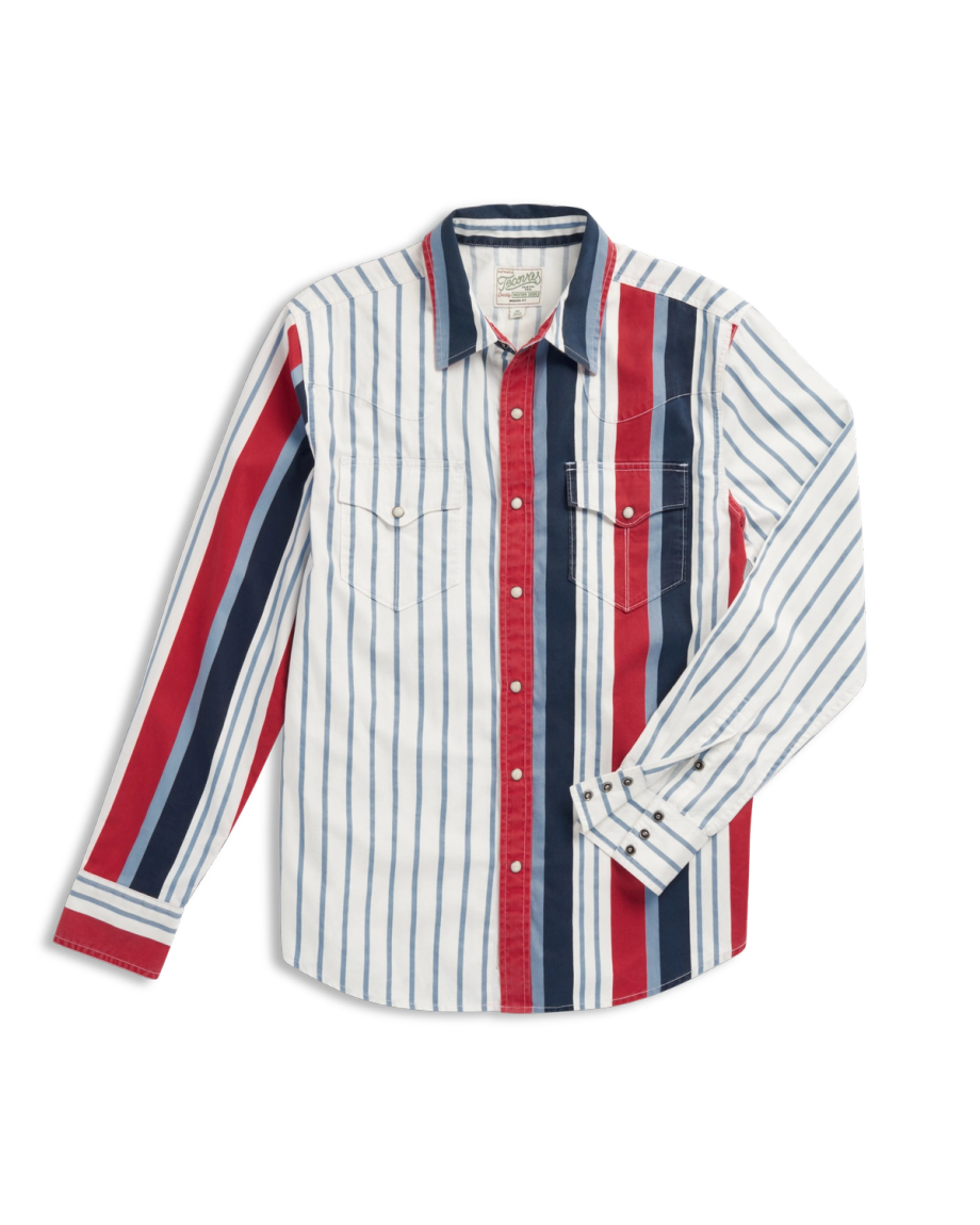 Long-sleeve button-up shirt with vertical red, white, and blue stripes, two chest pockets, and a pointed collar.