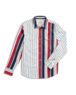 Long-sleeve button-up shirt with vertical red, white, and blue stripes, two chest pockets, and a pointed collar.