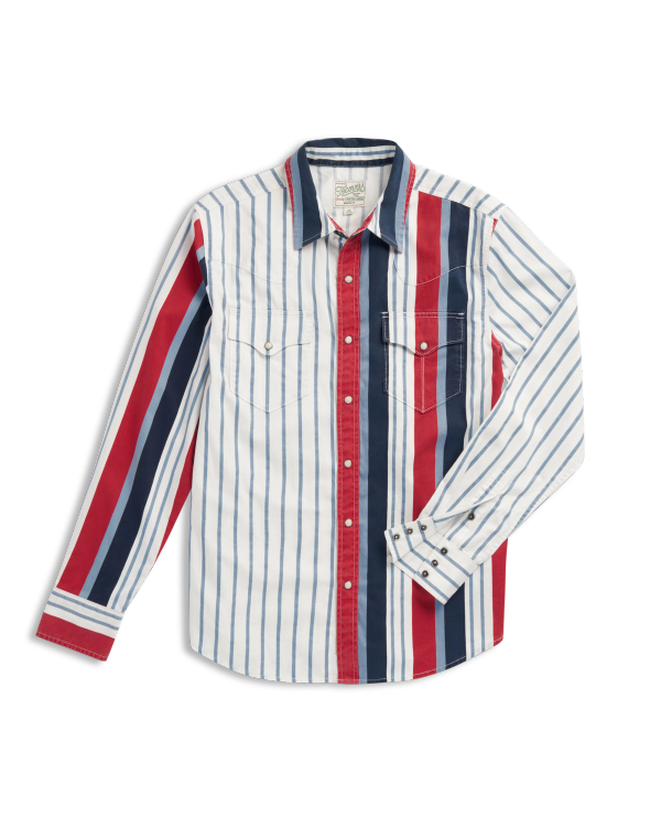 Long-sleeve button-up shirt with vertical red, white, and blue stripes, two chest pockets, and a pointed collar.