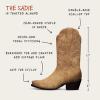 Diagram of The Sadie Toasted Almond and it's unique design features - double rose scallop top, year round staple in suede, seven row tonal stitching, burnished toe and counter, snip toe