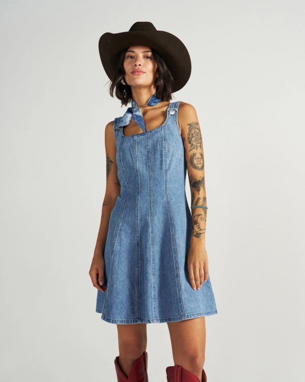 Front view of Women's Structured Mini Dress - Medium Wash on model