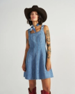 Front view of Women's Structured Mini Dress - Medium Wash on model