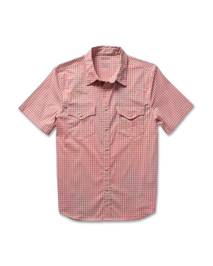 Flatlay image of a checkered men's pearl snap shirt in orange