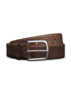 Brown leather belt with a silver buckle, featuring a textured pattern, coiled against a black background.