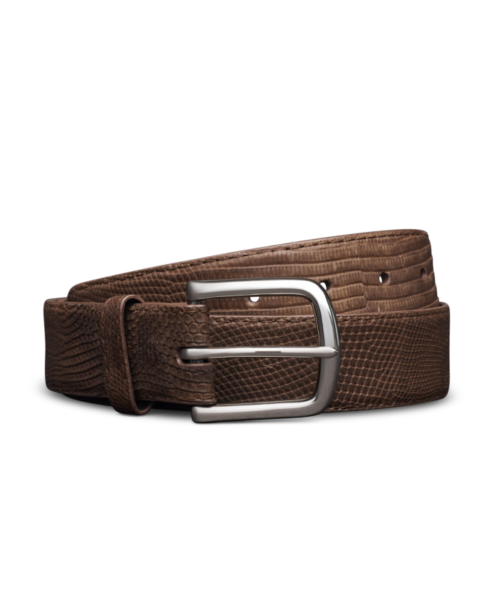 Brown leather belt with a silver buckle, featuring a textured pattern, coiled against a black background.