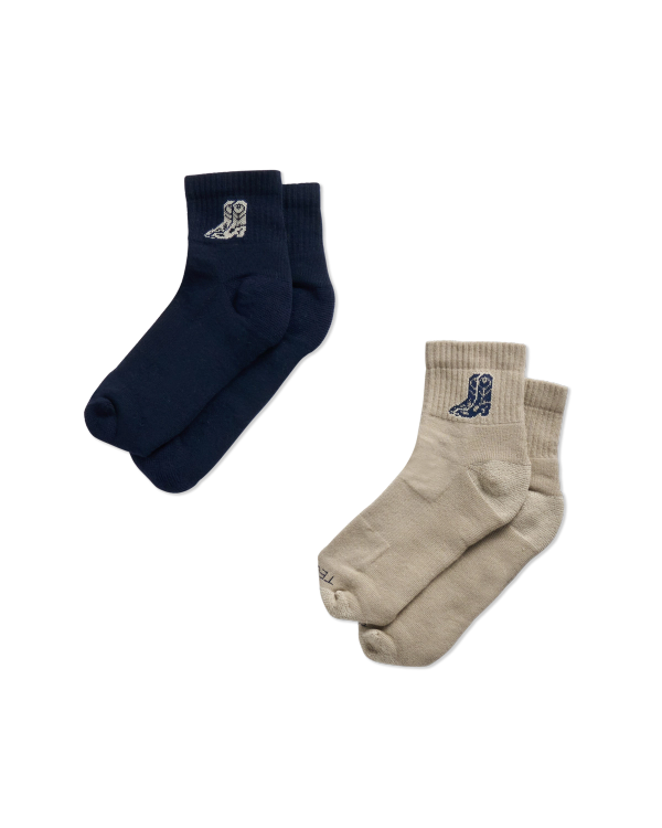 Quarterfront view of Boots Icon Hiker Socks (2-Pack) - Navy / Sand on plain background