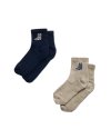 Quarterfront view of Boots Icon Hiker Socks (2-Pack) - Navy / Sand on plain background