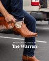 A person in jeans putting on a brown cowboy boot with "This Season, Recruit The Warren" text over the image.