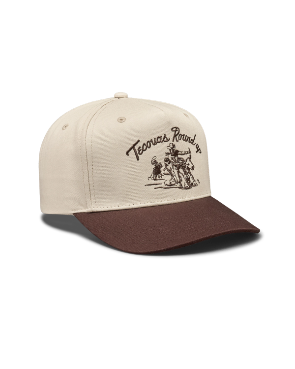 Quarterfront view of Tecovas Round-Up Hat - Cream/Brown on plain background