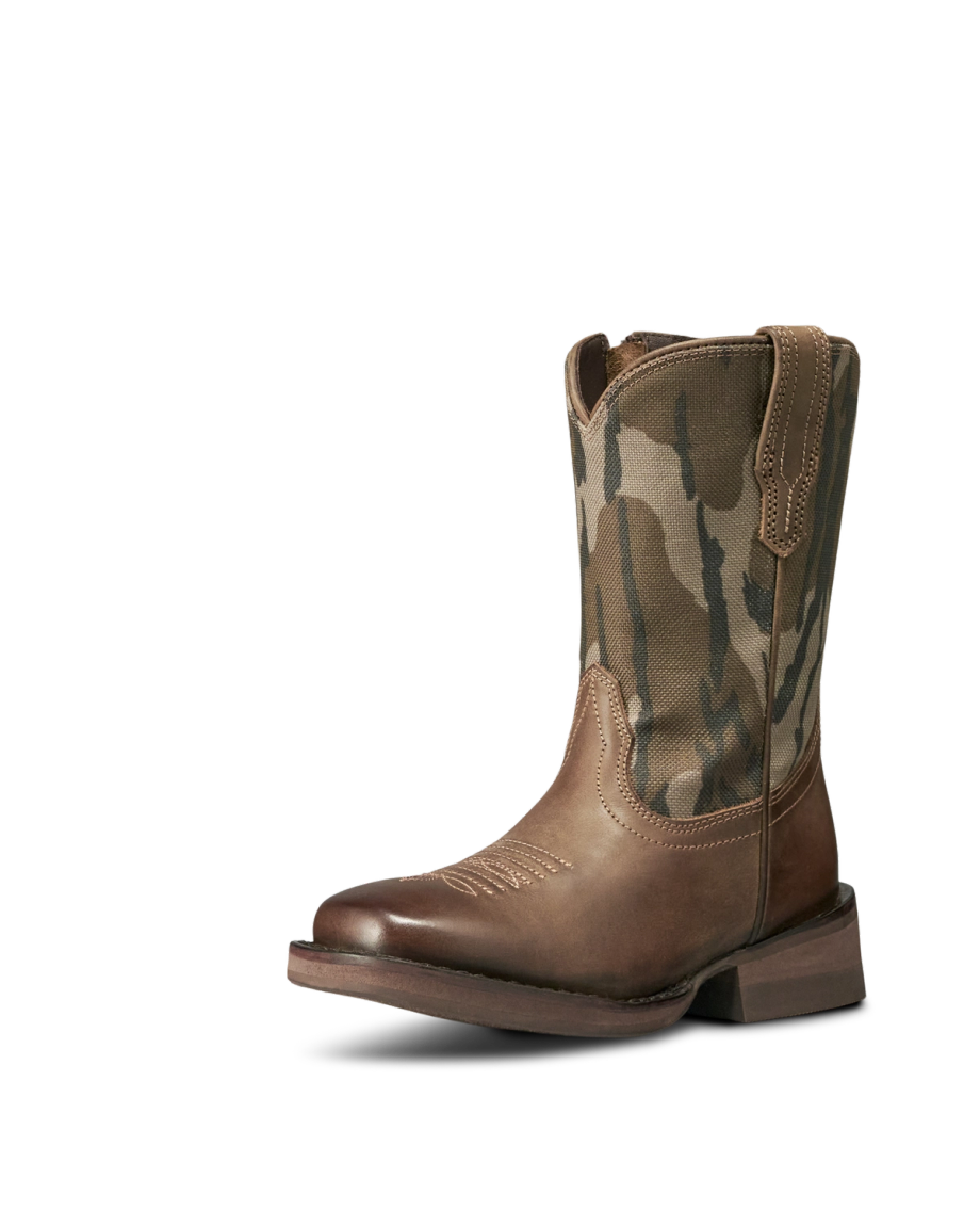 Brown leather cowboy boot with a camo fabric shaft, sturdy heel, and pull tabs, displayed on a plain white background.