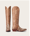 A pair of tall cowboy boots with light brown leather shafts and snakeskin-patterned toes and heels, shown side by side.