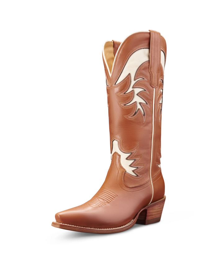 Quarterfront view of The Annie - Pecan / Bone Cowhide on plain background