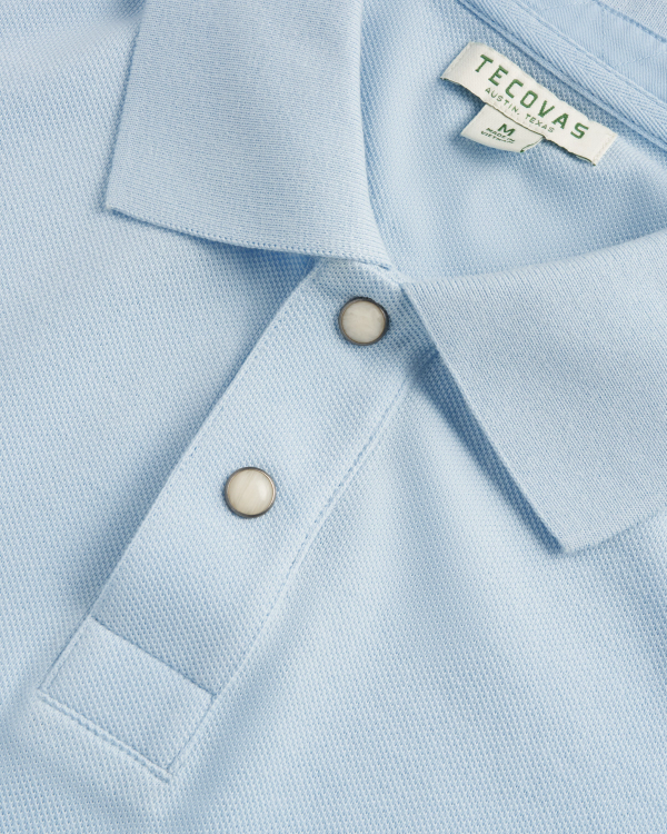 Closeup detail view of Men's Polo Pearl Snap - Sky
