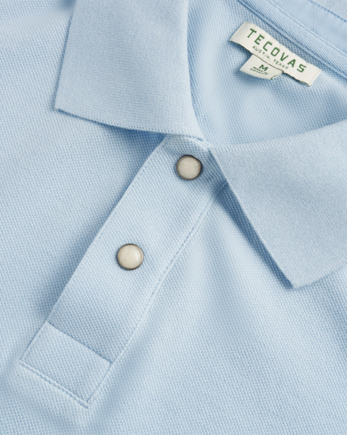 Closeup detail view of Men's Polo Pearl Snap - Sky