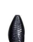 Close-up of a black snake-patterned shoe toe against a black background.