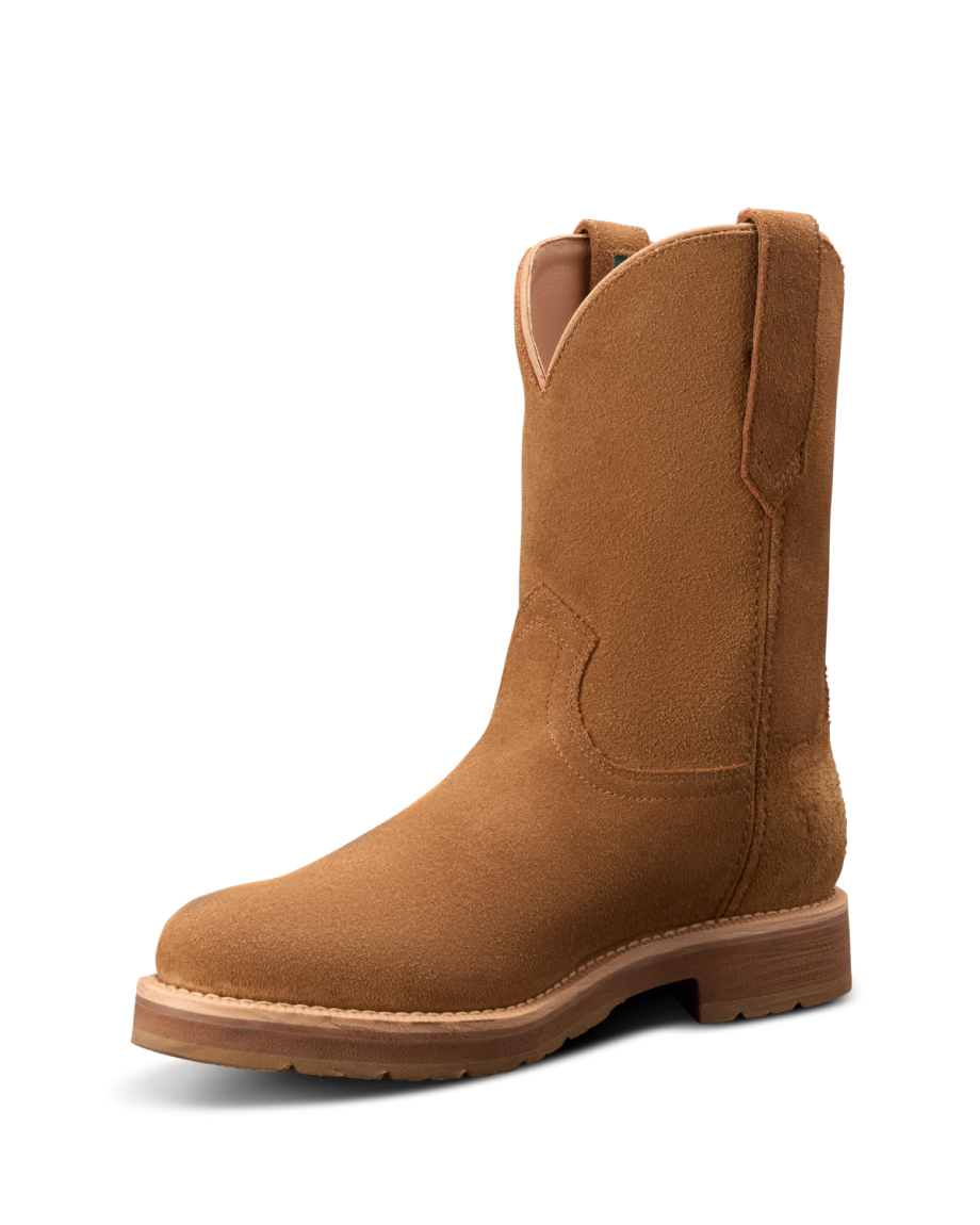 A single brown suede cowboy boot with a wooden sole and pull straps, viewed from the side.