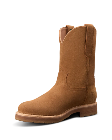 A single brown suede cowboy boot with a wooden sole and pull straps, viewed from the side.