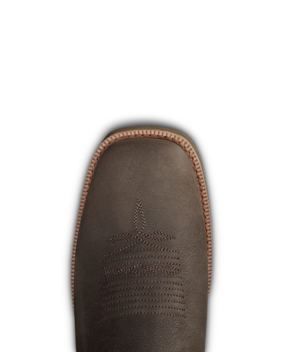Toe view of Tecovas x Mossy Oak Rugged Square Toe - Umber II Cowhide on plain background