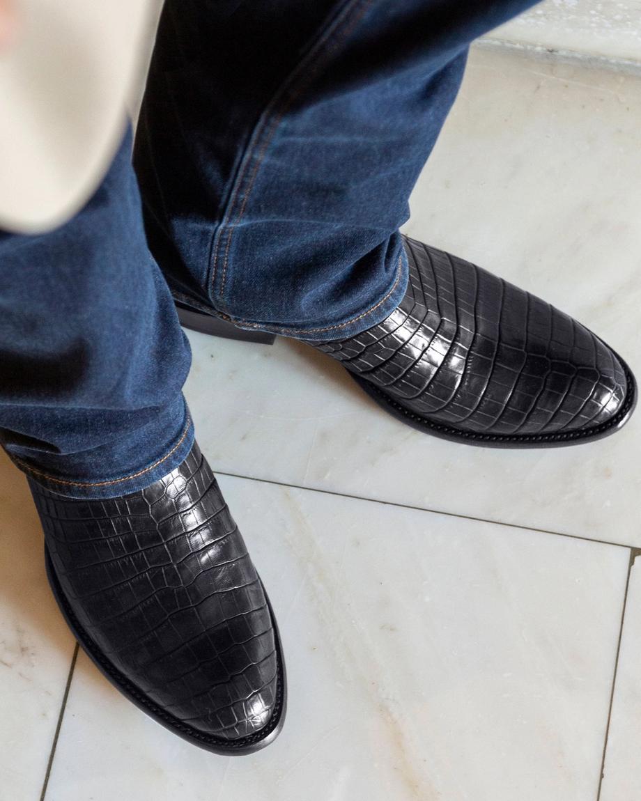 The Marshall Midnight Crocodile Cowboy boots in Black close up