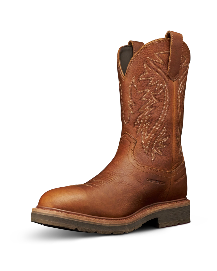 Quarterfront view of The LH WP Round Comp Toe Work Boot - Saddle Cowhide on plain background