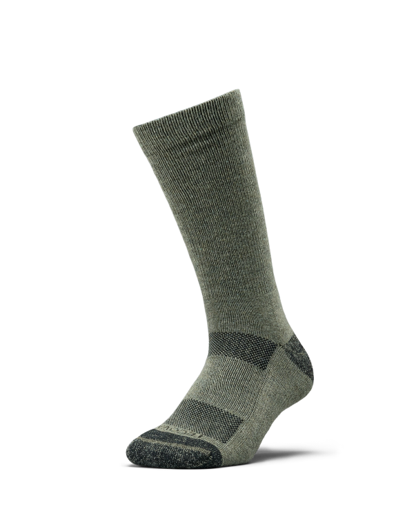 A single gray-green crew sock with darker heel, toe, and arch sections is displayed upright against a plain white background.