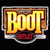 Logo for "Boot Outlet" with bold yellow and red letters on a wood-style background, featuring "Since 1978" at the top.