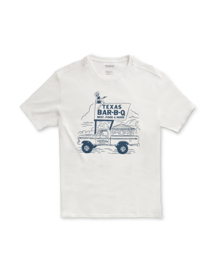 Front view of Men's Texas BBQ Tee - Bone / Blue on plain background