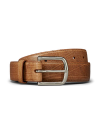 A brown suede leather belt with a brass buckle, coiled neatly against a plain white background.