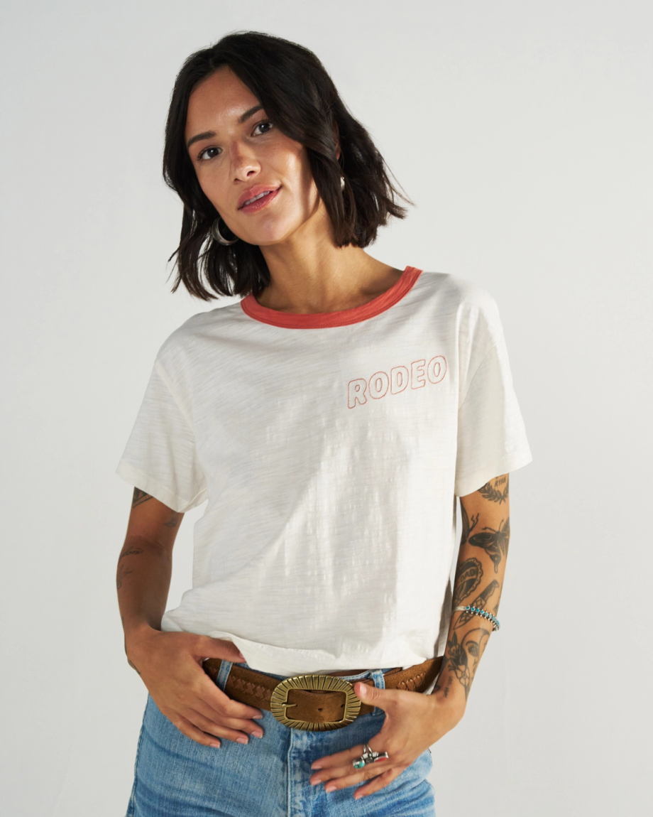 Front view of Women's Vintage Ringer Tee - Bone/Ginger Spice on model