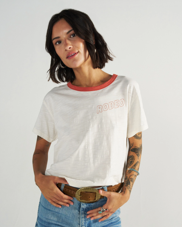 Front view of Women's Vintage Ringer Tee - Bone/Ginger Spice on model