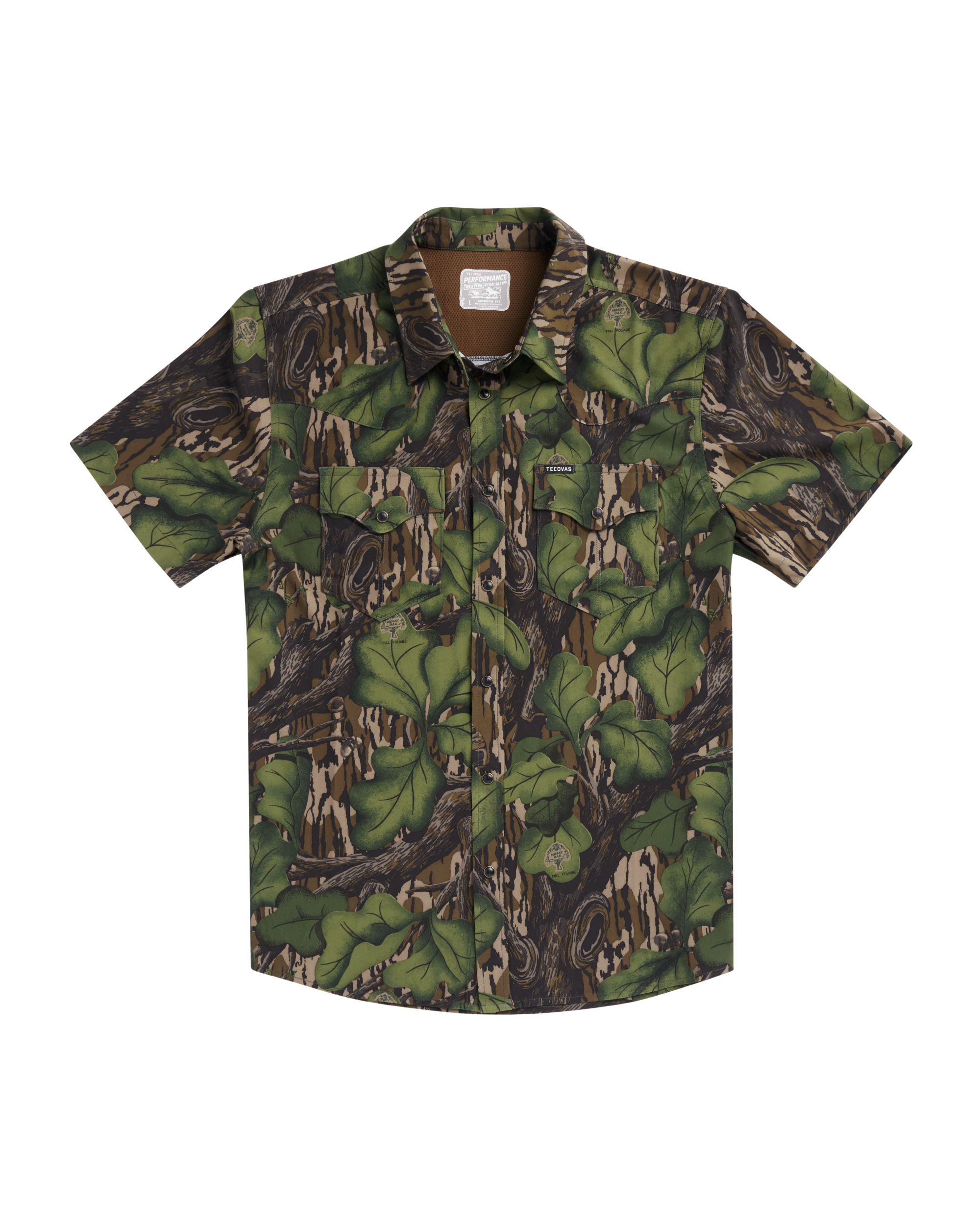 Closeup detail view of Men's Tecovas x Mossy Oak Performance Western Short Sleeve - Full Foliage